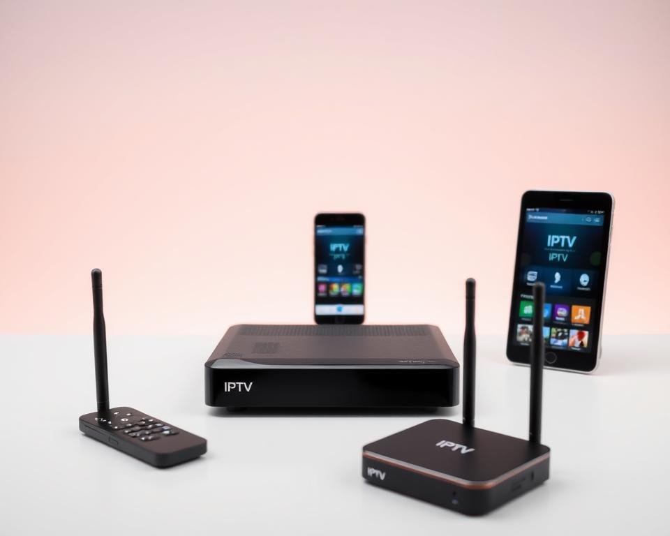 A high-tech array of IPTV streaming devices, arranged in a modern, minimalist setting. In the foreground, a sleek black set-top box and a compact wireless receiver sit atop a clean, white surface, their sharp angles and glossy finishes catching the soft, directional lighting from above. In the middle ground, a smartphone and a tablet display IPTV interface screens, showcasing the seamless connectivity and user experience. The background is filled with a subtle, gradient-based backdrop, creating a sense of depth and emphasizing the technological prowess of the devices.