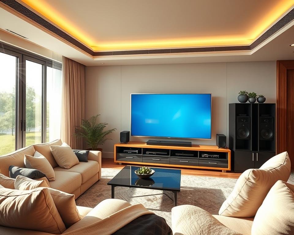 A high-tech living room with a large flat-screen TV displaying crystal-clear IPTV content, surrounded by a modern entertainment system with sleek components. Plush, comfortable seating with cozy lighting creates an inviting atmosphere. The room has clean, minimalist decor with neutral tones and natural wood accents, exuding a sense of tranquility. The TV screen shows a vivid, uninterrupted image, hinting at the superior performance of this IPTV service without any buffering or delays. Sunlight streams in through large windows, bathing the room in a warm, natural glow and emphasizing the clarity of the IPTV picture. An aura of sophistication and technological advancement pervades the scene. A high-tech living room with a large flat-screen TV displaying crystal-clear IPTV content, surrounded by a modern entertainment system with sleek components. Plush, comfortable seating with cozy lighting creates an inviting atmosphere. The room has clean, minimalist decor with neutral tones and natural wood accents, exuding a sense of tranquility. The TV screen shows a vivid, uninterrupted image, hinting at the superior performance of this IPTV service without any buffering or delays. Sunlight streams in through large windows, bathing the room in a warm, natural glow and emphasizing the clarity of the IPTV picture. An aura of sophistication and technological advancement pervades the scene.
