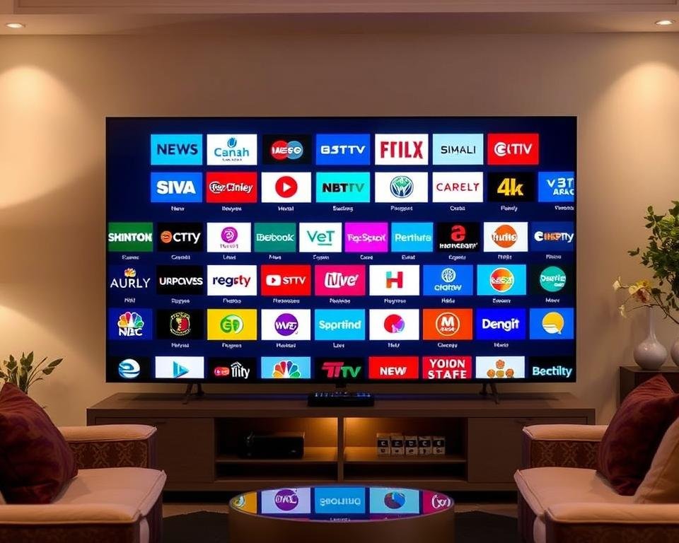 A large, modern HDTV screen displays a diverse array of UK IPTV channel logos in vibrant colors. The screen is situated in a cozy, well-lit living room setting, with plush furniture and warm lighting creating a comfortable, inviting atmosphere. The screen's crisp, high-definition display showcases a comprehensive selection of popular channels, from news and entertainment to sports and lifestyle programming, reflecting the unparalleled content library available to UK IPTV subscribers. The scene conveys a sense of accessibility, variety, and the ability to elevate one's streaming experience through a curated, all-inclusive IPTV service. A large, modern HDTV screen displays a diverse array of UK IPTV channel logos in vibrant colors. The screen is situated in a cozy, well-lit living room setting, with plush furniture and warm lighting creating a comfortable, inviting atmosphere. The screen's crisp, high-definition display showcases a comprehensive selection of popular channels, from news and entertainment to sports and lifestyle programming, reflecting the unparalleled content library available to UK IPTV subscribers. The scene conveys a sense of accessibility, variety, and the ability to elevate one's streaming experience through a curated, all-inclusive IPTV service.