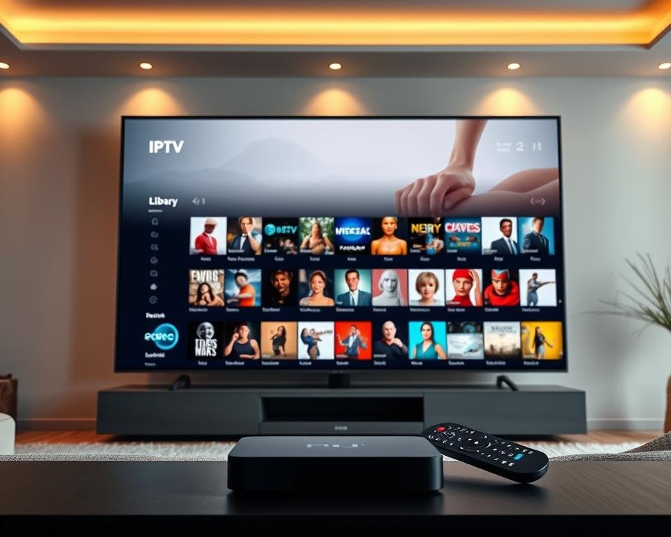 A large, sleek TV screen prominently displays a diverse library of IPTV content, showcasing various genres and channels. The screen is surrounded by a modern, minimalist living room setting with clean lines and neutral tones, creating a sense of sophistication and technology. Warm lighting from subtle fixtures illuminates the scene, casting a cozy glow. In the foreground, a wireless remote control and a streaming device, such as a set-top box or a smart TV, hint at the ease of accessing the comprehensive IPTV services available in the UK. The overall composition conveys a sense of digital entertainment freedom and a curated, high-quality viewing experience. A large, sleek TV screen prominently displays a diverse library of IPTV content, showcasing various genres and channels. The screen is surrounded by a modern, minimalist living room setting with clean lines and neutral tones, creating a sense of sophistication and technology. Warm lighting from subtle fixtures illuminates the scene, casting a cozy glow. In the foreground, a wireless remote control and a streaming device, such as a set-top box or a smart TV, hint at the ease of accessing the comprehensive IPTV services available in the UK. The overall composition conveys a sense of digital entertainment freedom and a curated, high-quality viewing experience.