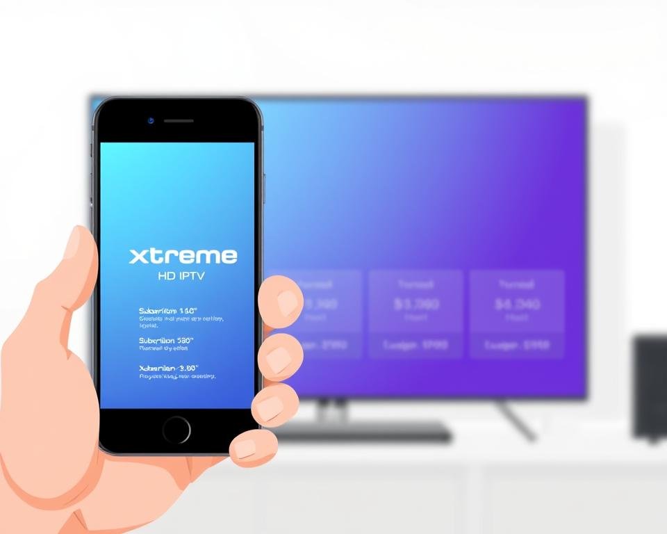 A minimalist and contemporary illustration depicting the Xtreme HD UK IPTV subscription process. In the foreground, a hand holding a smartphone or tablet, the screen displaying the Xtreme HD logo and subscription options. In the middle ground, a clean and uncluttered layout showcasing the different subscription tiers and pricing. The background features a soft, blurred gradient in cool tones, conveying a sense of professionalism and digital simplicity. Lighting is soft and diffused, creating a clean and inviting atmosphere. The overall composition emphasizes a streamlined, user-friendly subscription experience.