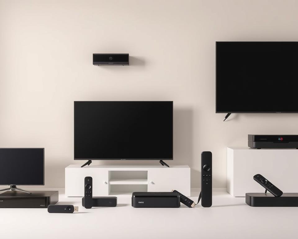 A minimalist, well-lit product shot showcasing a variety of Xtreme HD IPTV compatible devices including smart TVs, set-top boxes, and streaming sticks. The devices are arranged in an aesthetically pleasing, symmetrical layout on a clean, neutral-colored background. The devices are depicted with a high level of detail, allowing the viewer to appreciate their sleek, modern designs. The lighting is soft and diffused, creating a sense of depth and highlighting the textures and materials of the devices. The overall composition and styling convey a sense of sophistication and technological prowess, aligning with the "ultimate TV experience" theme of the article. A minimalist, well-lit product shot showcasing a variety of Xtreme HD IPTV compatible devices including smart TVs, set-top boxes, and streaming sticks. The devices are arranged in an aesthetically pleasing, symmetrical layout on a clean, neutral-colored background. The devices are depicted with a high level of detail, allowing the viewer to appreciate their sleek, modern designs. The lighting is soft and diffused, creating a sense of depth and highlighting the textures and materials of the devices. The overall composition and styling convey a sense of sophistication and technological prowess, aligning with the "ultimate TV experience" theme of the article.
