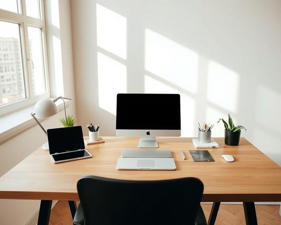 A minimalist workspace with a laptop, tablet, and various office supplies neatly arranged on a wooden desk. Soft natural lighting filters through large windows, casting a warm glow over the setup. The desk is positioned in the foreground, with a clean, uncluttered background that allows the focus to remain on the task at hand. The overall mood is one of productivity and efficiency, conveying the idea of a practical "setup guide" for getting started.
