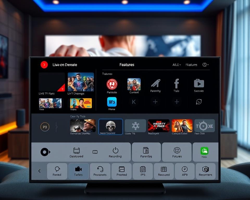 A modern IPTV control panel with a sleek and intuitive user interface, displaying a variety of advanced features. In the foreground, a central dashboard showcases live TV channels, video-on-demand content, and personalized recommendations. The middle ground features customizable widgets for easy access to features like parental controls, recording schedules, and app integrations. The background subtly depicts a cinematic home theater setting, with ambient lighting and high-quality visuals to create an immersive viewing experience. The overall composition conveys a sense of technological sophistication and seamless entertainment. A modern IPTV control panel with a sleek and intuitive user interface, displaying a variety of advanced features. In the foreground, a central dashboard showcases live TV channels, video-on-demand content, and personalized recommendations. The middle ground features customizable widgets for easy access to features like parental controls, recording schedules, and app integrations. The background subtly depicts a cinematic home theater setting, with ambient lighting and high-quality visuals to create an immersive viewing experience. The overall composition conveys a sense of technological sophistication and seamless entertainment.