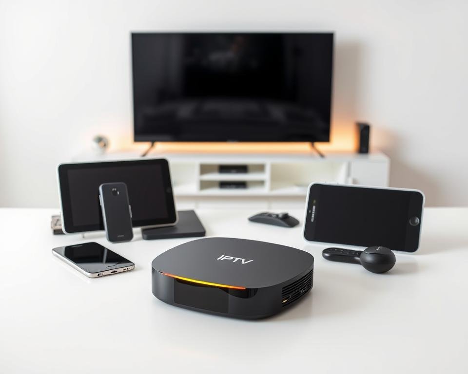 A modern and sleek IPTV device resting on a minimalist white surface, with various compatible devices like smartphones, tablets, and smart TVs arranged neatly around it. The device is illuminated by soft, directional lighting, creating a warm and inviting atmosphere. The composition emphasizes the versatility and seamless integration of the IPTV solution, showcasing its ability to work across a range of devices and provide a cohesive streaming experience. The background is a clean, neutral space, allowing the IPTV device and compatible gadgets to take center stage. A modern and sleek IPTV device resting on a minimalist white surface, with various compatible devices like smartphones, tablets, and smart TVs arranged neatly around it. The device is illuminated by soft, directional lighting, creating a warm and inviting atmosphere. The composition emphasizes the versatility and seamless integration of the IPTV solution, showcasing its ability to work across a range of devices and provide a cohesive streaming experience. The background is a clean, neutral space, allowing the IPTV device and compatible gadgets to take center stage.