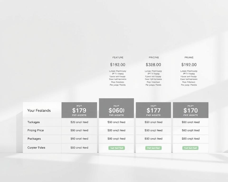 A modern and sleek IPTV subscription plan display, showcasing various pricing tiers and packages against a clean, minimalist background. The layout is visually balanced, with a focus on clear pricing information and feature highlights. The typography is crisp and legible, conveying a professional and trustworthy vibe. Subtle gradients and soft lighting create a sense of depth and sophistication, while the overall color palette remains neutral and streamlined. The image should evoke a sense of reliability and value for the IPTV services being offered. A modern and sleek IPTV subscription plan display, showcasing various pricing tiers and packages against a clean, minimalist background. The layout is visually balanced, with a focus on clear pricing information and feature highlights. The typography is crisp and legible, conveying a professional and trustworthy vibe. Subtle gradients and soft lighting create a sense of depth and sophistication, while the overall color palette remains neutral and streamlined. The image should evoke a sense of reliability and value for the IPTV services being offered.