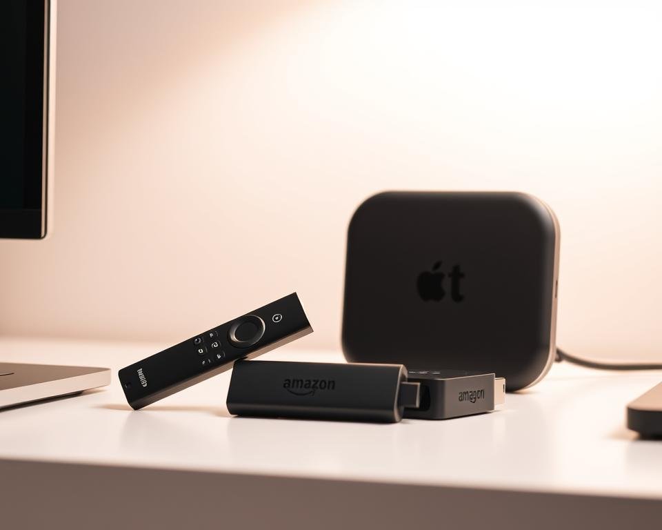 A modern and sleek setup featuring an Amazon Firestick and an Android TV device, both prominently displayed on a minimalist desk. The Firestick is positioned upright, its remote control nearby, while the Android TV unit sits neatly alongside. Soft, diffused lighting illuminates the scene, creating a warm and inviting atmosphere. The devices are surrounded by a clutter-free workspace, hinting at the user's focus on setting up their IPTV solution. The overall composition emphasizes the simplicity and convenience of the IPTV setup, ready to unlock a world of television freedom. A modern and sleek setup featuring an Amazon Firestick and an Android TV device, both prominently displayed on a minimalist desk. The Firestick is positioned upright, its remote control nearby, while the Android TV unit sits neatly alongside. Soft, diffused lighting illuminates the scene, creating a warm and inviting atmosphere. The devices are surrounded by a clutter-free workspace, hinting at the user's focus on setting up their IPTV solution. The overall composition emphasizes the simplicity and convenience of the IPTV setup, ready to unlock a world of television freedom.