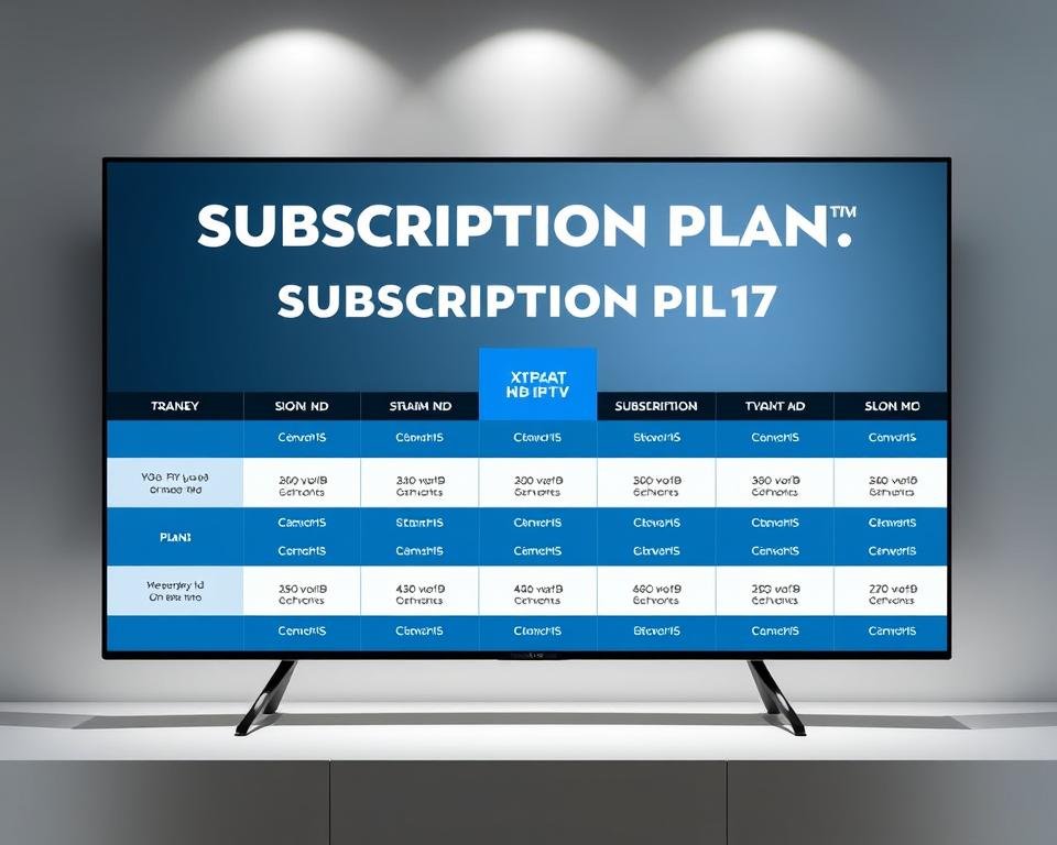 A modern and sleek subscription plans display for Xtreme HD IPTV, presented against a minimalist background with soft, even lighting. The plans are showcased in a high-resolution, photo-realistic style, with each option clearly laid out in a well-organized grid. The color palette features a harmonious blend of blues and grays, creating a premium, technology-driven aesthetic. The overall composition is balanced, with the plans taking center stage and complemented by subtle design elements that enhance the visual appeal. The image conveys a sense of professionalism, quality, and the extensive entertainment options available through the Xtreme HD IPTV service.