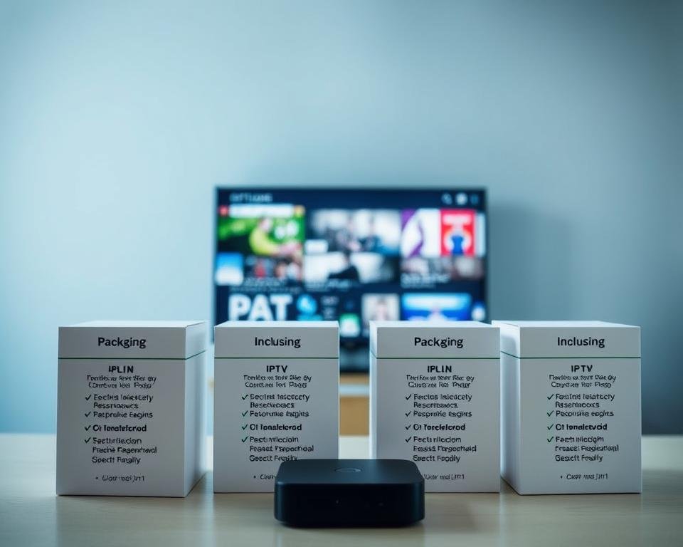 A modern, clean and informative visual representation of various IPTV subscription plans offered in the UK. The foreground features neatly organized boxes detailing different plan options, package inclusions, and pricing structures. The middle ground showcases a sleek device, such as a streaming box or mobile device, prominently displaying the IPTV interface. The background has a subtle gradient or texture conveying a sense of professionalism and reliability. The lighting is soft and even, creating a welcoming and approachable atmosphere. The overall composition is balanced, with the key elements clearly highlighted to provide a clear understanding of the IPTV subscription offerings.