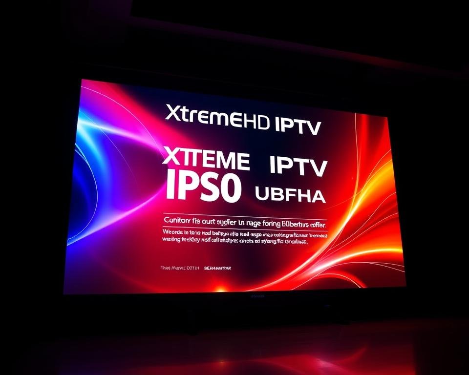 A modern, dynamic digital signage display showcasing the "Xtreme HD IPTV Discount Offer". The display is backlit with vibrant, high-contrast colors that draw the eye. The offer details are prominently featured, with sleek typography and clean layout. Subtle visual accents, such as shimmering highlights and reflections, add depth and visual interest. The overall composition conveys a sense of premium quality and unbeatable value. Dramatic studio lighting creates deep shadows and highlights the display's elegant, high-end aesthetic. The camera angle is slightly low, creating an imposing, attention-grabbing presence.