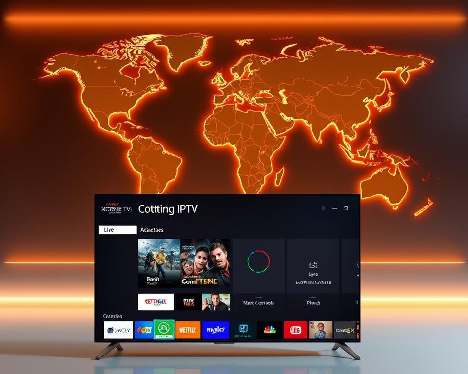 A modern, high-definition IPTV service showcasing its cutting-edge features. In the foreground, a sleek, minimalist interface displays a grid of popular live TV channels, on-demand content, and smart home integrations. The middle ground features intuitive menu navigation, parental controls, and customizable user profiles. In the background, a world map emphasizes the global reach and extensive channel lineup of the Xtreme HD IPTV service, illuminated by a warm, cinematic lighting that conveys a sense of premium quality and technological sophistication.
