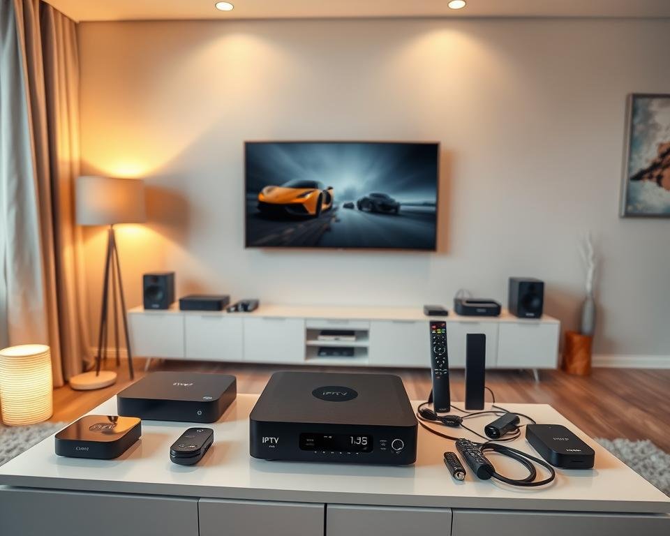 A modern home entertainment setup featuring a sleek IPTV box prominently displayed on a minimalist TV stand. The box is surrounded by a variety of streaming devices, remote controls, and neatly organized cables, conveying a sense of technological integration and control. The room is bathed in warm, diffused lighting from floor lamps and recessed ceiling fixtures, creating a cozy, inviting atmosphere. The walls feature minimalist decor, such as abstract art or a mounted TV, emphasizing the focal point of the IPTV setup. The overall composition suggests a well-designed, user-friendly system that seamlessly blends into a contemporary living space. A modern home entertainment setup featuring a sleek IPTV box prominently displayed on a minimalist TV stand. The box is surrounded by a variety of streaming devices, remote controls, and neatly organized cables, conveying a sense of technological integration and control. The room is bathed in warm, diffused lighting from floor lamps and recessed ceiling fixtures, creating a cozy, inviting atmosphere. The walls feature minimalist decor, such as abstract art or a mounted TV, emphasizing the focal point of the IPTV setup. The overall composition suggests a well-designed, user-friendly system that seamlessly blends into a contemporary living space.