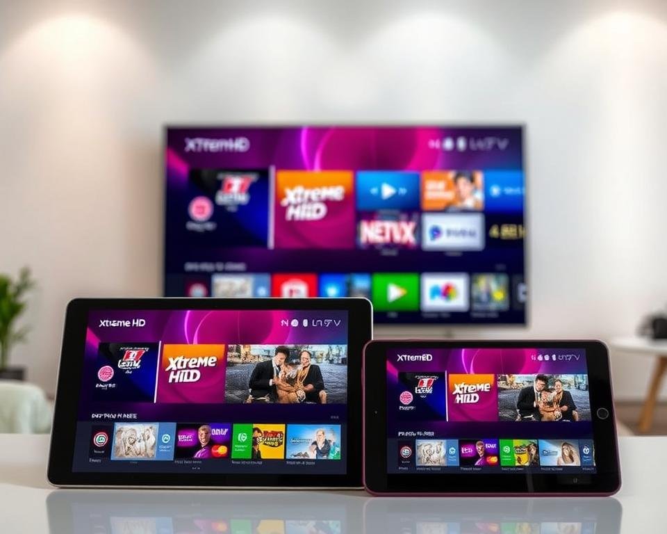 A modern home entertainment setup showcasing Xtreme HD IPTV on various devices. In the foreground, a sleek smart TV displays the Xtreme HD IPTV interface, its vibrant colors and crisp 4K resolution bringing the content to life. In the middle ground, a tablet and a smartphone are propped up, each showing the same IPTV service seamlessly streaming high-definition channels. The background features a minimalist living room setting with subtle lighting, allowing the electronic devices to take center stage. The scene conveys a sense of technological harmony and the convenience of accessing premium IPTV content across multiple platforms in a home environment.