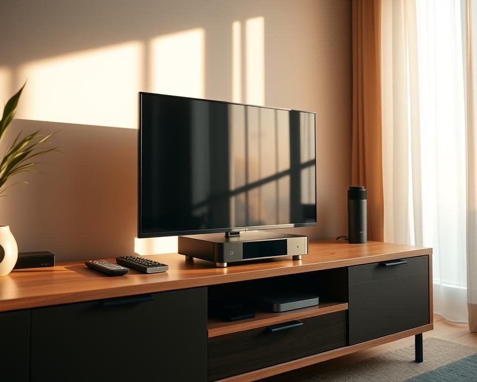 A modern home entertainment setup with a sleek IPTV hardware device prominently displayed on a minimalist wooden TV stand. The device has a clean, contemporary design with smooth lines and a matte finish. It is surrounded by a few neatly organized accessories like remote controls and cables. The room is bathed in warm, natural lighting that casts soft shadows, creating a cozy and inviting atmosphere. The overall scene conveys a sense of simplicity, practicality, and technological sophistication, perfectly suited for an article on IPTV requirements.