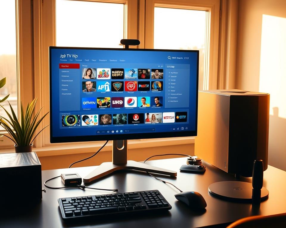 A modern home office setup with a desktop computer, wireless keyboard and mouse, and a sleek high-definition IPTV interface displayed on the monitor. The room is bathed in warm, diffused lighting from large windows, creating a cozy, productive atmosphere. The IPTV interface shows a clean, intuitive layout with various live TV channels, on-demand content, and settings menus, showcasing the user-friendly experience of the Xtreme HD IPTV UK service. The overall scene conveys the ease and convenience of setting up and using this premium streaming solution in a comfortable, tech-savvy home environment.