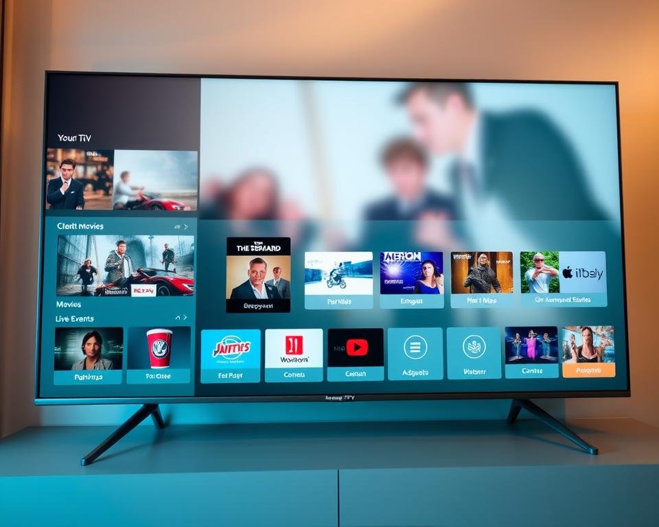 A modern, intuitive IPTV user interface with a clean, minimalist design. The foreground features a sleek, responsive layout with prominent content tiles showcasing various TV channels, on-demand movies, and live events. The middle ground displays a smooth, seamless navigation menu with intuitive icons and labels. The background subtly incorporates a soft, blurred video or image feed, creating a sense of depth and immersion. Warm, balanced lighting illuminates the interface, and the camera angle is slightly angled to provide an engaging, user-centric perspective. The overall mood is one of sophistication, simplicity, and a premium entertainment experience. A modern, intuitive IPTV user interface with a clean, minimalist design. The foreground features a sleek, responsive layout with prominent content tiles showcasing various TV channels, on-demand movies, and live events. The middle ground displays a smooth, seamless navigation menu with intuitive icons and labels. The background subtly incorporates a soft, blurred video or image feed, creating a sense of depth and immersion. Warm, balanced lighting illuminates the interface, and the camera angle is slightly angled to provide an engaging, user-centric perspective. The overall mood is one of sophistication, simplicity, and a premium entertainment experience.