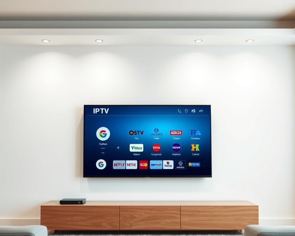 A modern living room interior with a sleek, wall-mounted smart TV displaying various IPTV streaming service icons. The TV is set against a minimalist, white backdrop, creating a clean, high-tech aesthetic. Soft, directional lighting illuminates the scene, casting subtle shadows and highlighting the TV's sharp display. The composition places the smart TV as the central focus, with the IPTV service logos neatly arranged around it, conveying the TV's compatibility with a range of popular IPTV providers. The overall mood is one of technological sophistication and seamless digital entertainment. A modern living room interior with a sleek, wall-mounted smart TV displaying various IPTV streaming service icons. The TV is set against a minimalist, white backdrop, creating a clean, high-tech aesthetic. Soft, directional lighting illuminates the scene, casting subtle shadows and highlighting the TV's sharp display. The composition places the smart TV as the central focus, with the IPTV service logos neatly arranged around it, conveying the TV's compatibility with a range of popular IPTV providers. The overall mood is one of technological sophistication and seamless digital entertainment.
