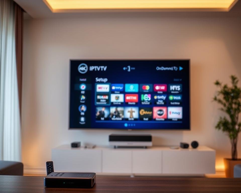 A modern living room with a sleek, 4K smart TV mounted on the wall. On the TV screen, the IPTV setup interface is displayed, showcasing a variety of channels and on-demand content. The room is illuminated by soft, warm lighting, creating a cozy and inviting atmosphere. In the foreground, a wireless remote control and a streaming device, such as a set-top box or HDMI dongle, are visible, ready to facilitate the IPTV experience. The overall scene depicts the ease and convenience of setting up an IPTV system on a smart TV, allowing the viewer to imagine the process of unlocking a free trial IPTV account in the UK.
