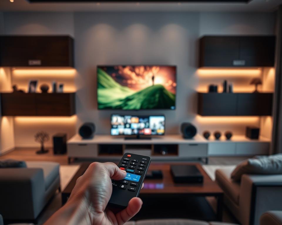 A modern living room with a sleek entertainment center showcasing a variety of smart devices connected to a high-quality IPTV service. In the foreground, a hand holding a remote control, symbolizing the convenience of multi-device accessibility. The middle ground features a large flatscreen TV displaying vibrant, high-definition content. In the background, subtle lighting and minimalist decor create a cozy, inviting atmosphere, highlighting the seamless integration of technology into the home environment.