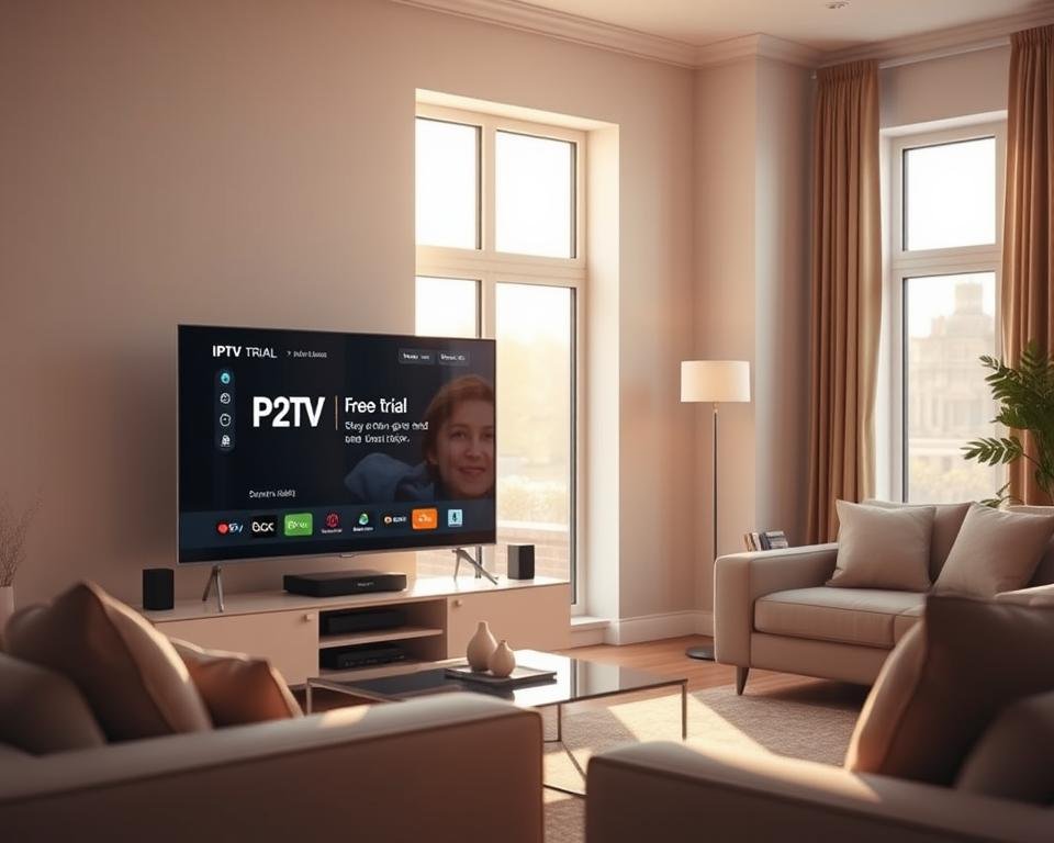 A modern living room with a sleek television set displaying an IPTV interface, showcasing a free trial offer for UK users. The space is well-lit, with warm, natural lighting filtering through large windows, casting a cozy glow on the scene. The TV is prominently placed, drawing the viewer's attention to the IPTV trial details. The room features minimalist decor, with clean lines and neutral tones, allowing the technology to take center stage. The overall atmosphere conveys a sense of accessibility and ease, highlighting the simplicity of unlocking IPTV content with a free trial in the UK.