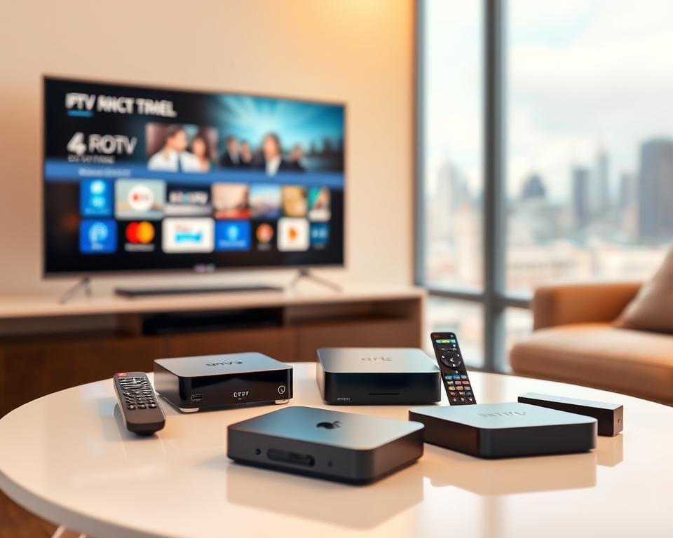 A modern living room with a smart TV, streaming boxes, and remote controls in the foreground, showcasing a variety of IPTV trial devices compatible with UK services. The devices are presented on a clean, minimalist table, well-lit with a warm, inviting ambiance. The background features a blurred city skyline, suggesting the urban setting. The composition emphasizes the devices' functionality and ease of use, conveying the accessibility of IPTV trials in the UK. A modern living room with a smart TV, streaming boxes, and remote controls in the foreground, showcasing a variety of IPTV trial devices compatible with UK services. The devices are presented on a clean, minimalist table, well-lit with a warm, inviting ambiance. The background features a blurred city skyline, suggesting the urban setting. The composition emphasizes the devices' functionality and ease of use, conveying the accessibility of IPTV trials in the UK.