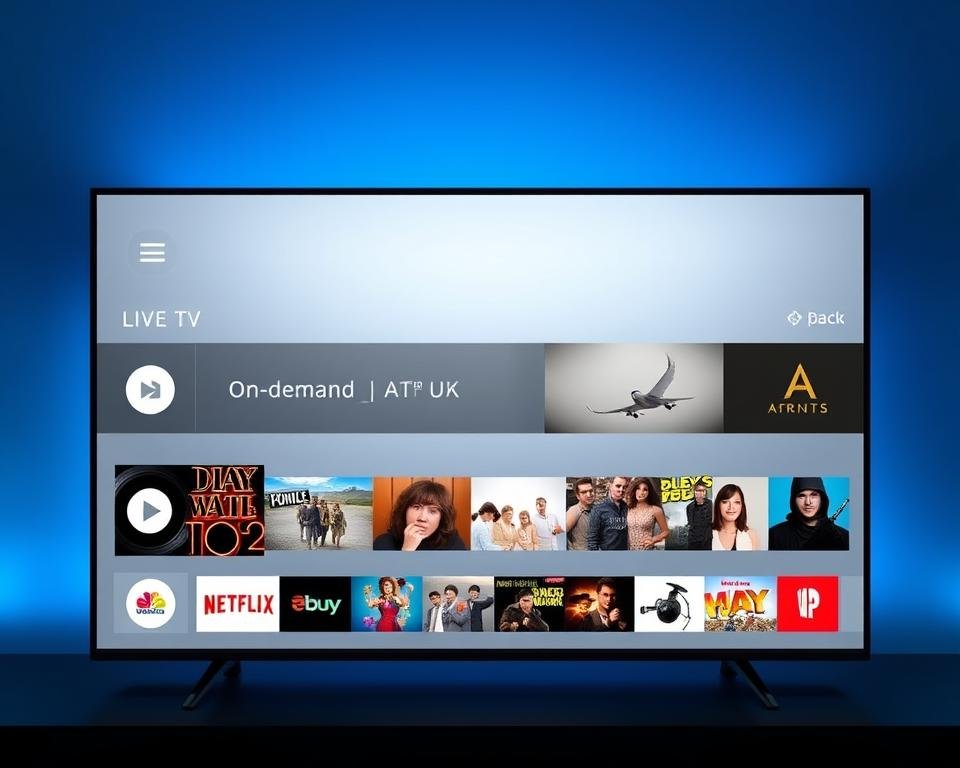 A modern, minimalist IPTV interface for the UK market. The foreground features a clean, intuitive dashboard with large, easy-to-navigate icons for popular content categories like live TV, on-demand movies, and streaming services. The middle ground showcases a sleek, responsive grid layout displaying high-definition previews of the latest programming. The background has a subtle, elegant gradient in muted tones of blue, evoking a sense of sophistication and technology. The overall composition conveys a polished, user-friendly experience designed to delight UK viewers seeking a seamless, all-in-one entertainment platform. A modern, minimalist IPTV interface for the UK market. The foreground features a clean, intuitive dashboard with large, easy-to-navigate icons for popular content categories like live TV, on-demand movies, and streaming services. The middle ground showcases a sleek, responsive grid layout displaying high-definition previews of the latest programming. The background has a subtle, elegant gradient in muted tones of blue, evoking a sense of sophistication and technology. The overall composition conveys a polished, user-friendly experience designed to delight UK viewers seeking a seamless, all-in-one entertainment platform.