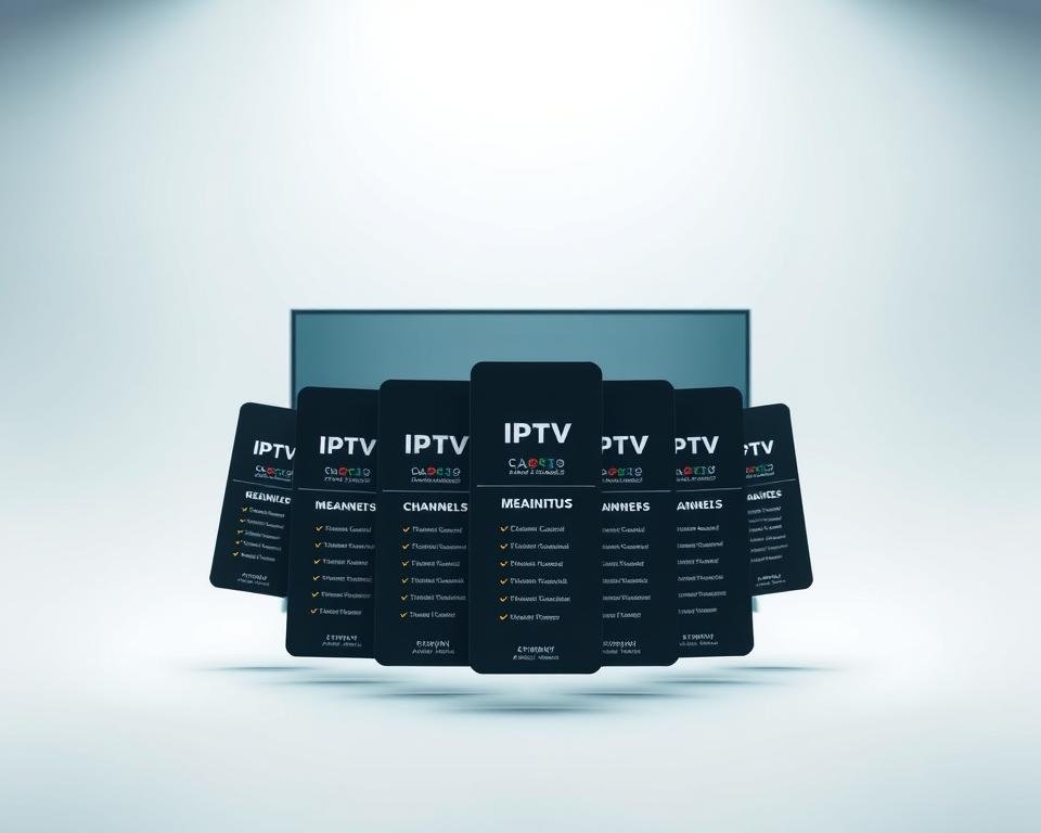 A modern, minimalist composition depicting a set of IPTV subscription plans. In the foreground, several neatly arranged IPTV plan cards hover in a clean, well-lit environment. Each card showcases the plan's key features such as channel count, resolution, and monthly/annual pricing, using a simple, typographic design. The middle ground features a subtle gradient background, with a sense of depth and perspective. The overall mood is one of clarity, simplicity, and professionalism, highlighting the key information a potential subscriber would need to evaluate the IPTV offering. A modern, minimalist composition depicting a set of IPTV subscription plans. In the foreground, several neatly arranged IPTV plan cards hover in a clean, well-lit environment. Each card showcases the plan's key features such as channel count, resolution, and monthly/annual pricing, using a simple, typographic design. The middle ground features a subtle gradient background, with a sense of depth and perspective. The overall mood is one of clarity, simplicity, and professionalism, highlighting the key information a potential subscriber would need to evaluate the IPTV offering.