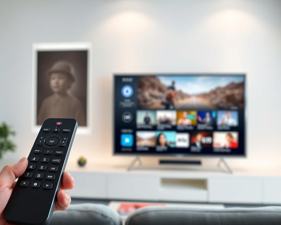 A modern, minimalist digital display showcasing an intuitive IPTV subscription service interface. In the foreground, a sleek smart TV remote control commands a seamless on-screen menu, highlighting a curated selection of live TV channels, on-demand content, and advanced features. In the middle ground, a high-definition television displays crystal-clear footage, immersing the viewer in a cinematic experience. The background depicts a clean, sophisticated home entertainment setup, with subtle lighting accentuating the premium quality of the IPTV service. The overall atmosphere conveys a sense of advanced technology, convenience, and entertainment at the user's fingertips.