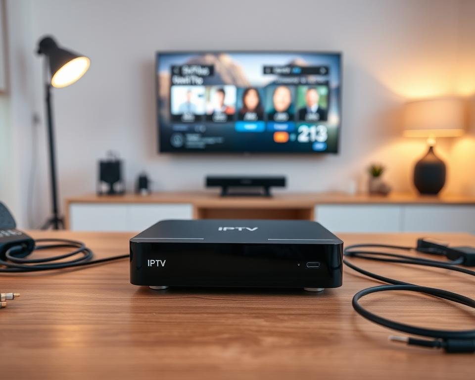 A modern, minimalist home office setup. In the foreground, a sleek, black IPTV box rests on a minimalist wooden desk, surrounded by a clean, white environment. Soft, warm lighting illuminates the scene, creating a cozy atmosphere. In the middle ground, various cables and connectors are neatly organized, ready for the installation process. The background showcases a large, flat-screen TV mounted on the wall, ready to display the IPTV interface. The overall composition conveys a sense of simplicity, efficiency, and technological integration within a stylish, contemporary setting.