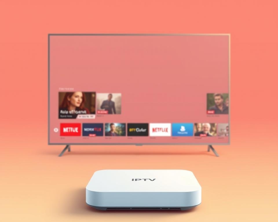 A modern, minimalist illustration of a UK IPTV service provider. In the foreground, a sleek and contemporary IPTV set-top box or streaming device, positioned prominently. The device features clean lines, a subtle branding, and a futuristic aesthetic. In the middle ground, a minimalist user interface showcasing a selection of popular live TV channels and on-demand content, hinting at the service's extensive library. The background is a soft, warm gradient, creating a sense of depth and a premium, high-tech ambiance. The overall composition conveys a professional, high-quality IPTV offering tailored for the UK market. A modern, minimalist illustration of a UK IPTV service provider. In the foreground, a sleek and contemporary IPTV set-top box or streaming device, positioned prominently. The device features clean lines, a subtle branding, and a futuristic aesthetic. In the middle ground, a minimalist user interface showcasing a selection of popular live TV channels and on-demand content, hinting at the service's extensive library. The background is a soft, warm gradient, creating a sense of depth and a premium, high-tech ambiance. The overall composition conveys a professional, high-quality IPTV offering tailored for the UK market.