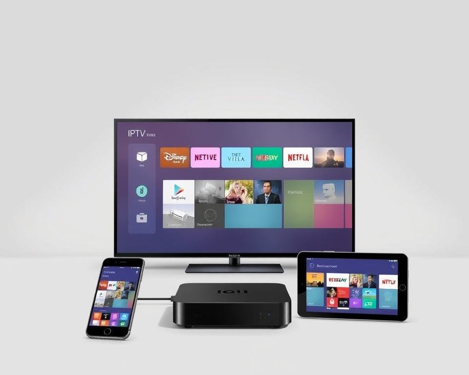 A modern, minimalist illustration showcasing various electronic devices seamlessly connected to an IPTV platform. In the foreground, a sleek smart TV, smartphone, and tablet are arranged, their screens displaying vibrant streaming interfaces. The middle ground features a compact IPTV set-top box, its simple yet elegant design complementing the devices. The background subtly depicts a clean, technologically-advanced setting, with muted greys and blues creating a sense of sophistication. Soft, directional lighting accentuates the devices, highlighting their compatibility and the seamless integration of the IPTV service across multiple screens.
