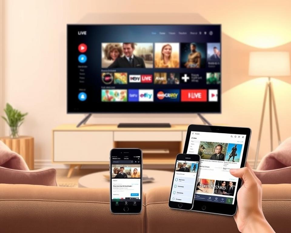 A modern, minimalist lifestyle illustration showcasing the key features of a free trial IPTV service in the UK. In the foreground, a sleek smart TV displaying a variety of live TV channels and on-demand content. In the middle ground, a smartphone and tablet showcasing the intuitive user interface and content selection. In the background, a warm, ambient living room setting with modern furniture and decor. Soft, natural lighting illuminates the scene, creating a cozy, inviting atmosphere. The overall composition emphasizes the convenience, accessibility, and entertainment value of the free IPTV trial, inviting the viewer to explore the service.