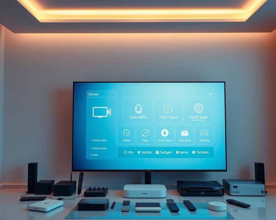 A modern, minimalist office setting with a large 4K television screen prominently displayed. Subtle lighting from overhead casts a warm, professional glow. The screen showcases a sleek, intuitive user interface with icons representing device compatibility, internet speed, and other technical requirements for a UK IPTV 4K service. Surrounding the screen are various smart home devices, remote controls, and networking equipment, all neatly arranged to convey a sense of technological sophistication. The overall atmosphere is one of streamlined efficiency, highlighting the seamless integration of high-quality 4K video delivery with the necessary hardware and software components.