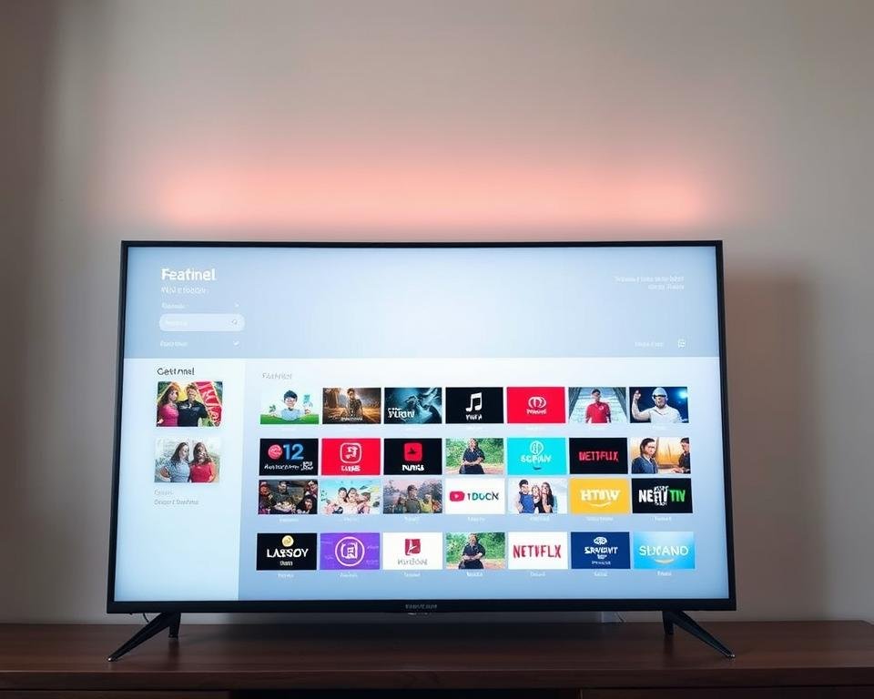 A modern, responsive IPTV channel selection interface displayed on a sleek, high-resolution television screen. The foreground features a clean, minimalist grid layout with vivid, high-definition channel thumbnails and titles. The middle ground showcases a sophisticated on-screen menu system with intuitive controls and navigation options. The background has a subtle, neutral color scheme that creates a calming, immersive viewing experience. The lighting is balanced, with a soft, indirect illumination that enhances the clarity and vibrancy of the displayed content. The overall composition conveys a sense of technological sophistication, user-friendliness, and premium entertainment quality.