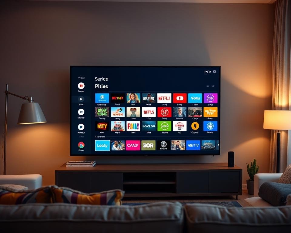 A modern, sleek IPTV channel selection interface on a large flatscreen TV in a cozy living room. The TV's display shows a grid of colorful channel icons against a dark background, with a minimalist on-screen menu system. Soft, warm lighting from floor lamps and table lamps creates a comfortable atmosphere. The living room features modern, neutral-toned furnishings and decor, hinting at the benefits of having a robust IPTV service in the UK. A modern, sleek IPTV channel selection interface on a large flatscreen TV in a cozy living room. The TV's display shows a grid of colorful channel icons against a dark background, with a minimalist on-screen menu system. Soft, warm lighting from floor lamps and table lamps creates a comfortable atmosphere. The living room features modern, neutral-toned furnishings and decor, hinting at the benefits of having a robust IPTV service in the UK.