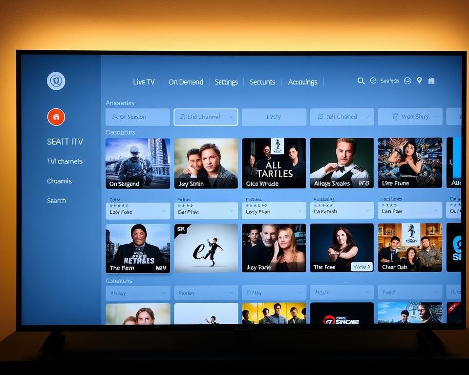 A modern, sleek IPTV service interface with a clean, minimalist design. The main screen displays a grid of popular live TV channels, with clear channel names and high-quality thumbnails. The interface features a left-side menu for easy navigation through categories like "Live TV", "On Demand", and "Recordings". The top bar has intuitive controls for search, settings, and account management. Subtle yet elegant animations and transitions create a responsive, seamless user experience. Warm, natural lighting illuminates the display, conveying a sense of comfort and reliability. The overall aesthetic is refined, trustworthy, and optimized for easy content discovery and playback. A modern, sleek IPTV service interface with a clean, minimalist design. The main screen displays a grid of popular live TV channels, with clear channel names and high-quality thumbnails. The interface features a left-side menu for easy navigation through categories like "Live TV", "On Demand", and "Recordings". The top bar has intuitive controls for search, settings, and account management. Subtle yet elegant animations and transitions create a responsive, seamless user experience. Warm, natural lighting illuminates the display, conveying a sense of comfort and reliability. The overall aesthetic is refined, trustworthy, and optimized for easy content discovery and playback.