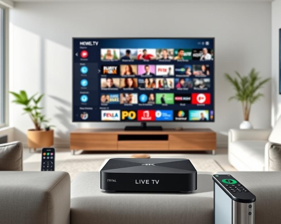 A modern, sleek IPTV setup showcasing key trial features. A large 4K TV in the middle ground, displaying a wide variety of live TV channels and on-demand content. In the foreground, a state-of-the-art IPTV streaming box with intuitive menu UI, surrounded by a wireless remote and mobile device. The background features a minimalist, well-lit home entertainment space with modern furniture and decor. Bright, natural lighting illuminates the scene, highlighting the crisp image quality and smooth playback of the IPTV system. A modern, sleek IPTV setup showcasing key trial features. A large 4K TV in the middle ground, displaying a wide variety of live TV channels and on-demand content. In the foreground, a state-of-the-art IPTV streaming box with intuitive menu UI, surrounded by a wireless remote and mobile device. The background features a minimalist, well-lit home entertainment space with modern furniture and decor. Bright, natural lighting illuminates the scene, highlighting the crisp image quality and smooth playback of the IPTV system.