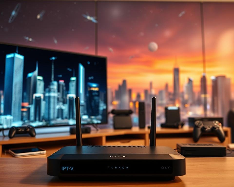 A modern, sleek IPTV setup with a smart TV, a streaming device, and a wireless router in the foreground. In the middle ground, various IPTV-enabled devices like smartphones, tablets, and gaming consoles. The background features a futuristic cityscape with skyscrapers, satellites, and a vibrant, neon-lit skyline, conveying the innovative, high-tech nature of IPTV technology. Soft, warm lighting illuminates the scene, creating a cozy, inviting atmosphere. Cinematic camera angle, emphasizing the integration and seamlessness of IPTV across multiple devices and platforms. A modern, sleek IPTV setup with a smart TV, a streaming device, and a wireless router in the foreground. In the middle ground, various IPTV-enabled devices like smartphones, tablets, and gaming consoles. The background features a futuristic cityscape with skyscrapers, satellites, and a vibrant, neon-lit skyline, conveying the innovative, high-tech nature of IPTV technology. Soft, warm lighting illuminates the scene, creating a cozy, inviting atmosphere. Cinematic camera angle, emphasizing the integration and seamlessness of IPTV across multiple devices and platforms.