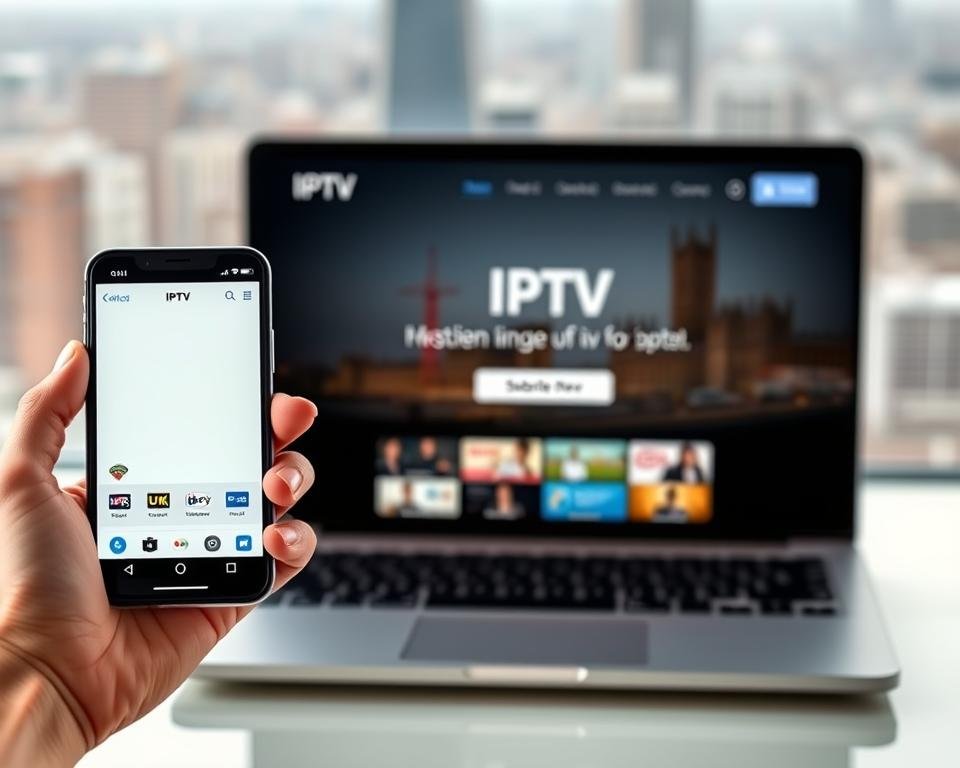 A modern, sleek UI for a UK IPTV subscription service. In the foreground, a hand holding a smartphone with the IPTV app open, showcasing a clean, intuitive interface with live TV channels and on-demand content. In the middle ground, a laptop or tablet displaying the IPTV website, with a prominent "Subscribe Now" button. The background features a blurred cityscape, hinting at the global reach and accessibility of the IPTV service. Lighting is soft and natural, creating a sense of professionalism and trustworthiness. The overall tone is one of efficiency, simplicity, and the promise of instant access to UK television. A modern, sleek UI for a UK IPTV subscription service. In the foreground, a hand holding a smartphone with the IPTV app open, showcasing a clean, intuitive interface with live TV channels and on-demand content. In the middle ground, a laptop or tablet displaying the IPTV website, with a prominent "Subscribe Now" button. The background features a blurred cityscape, hinting at the global reach and accessibility of the IPTV service. Lighting is soft and natural, creating a sense of professionalism and trustworthiness. The overall tone is one of efficiency, simplicity, and the promise of instant access to UK television.