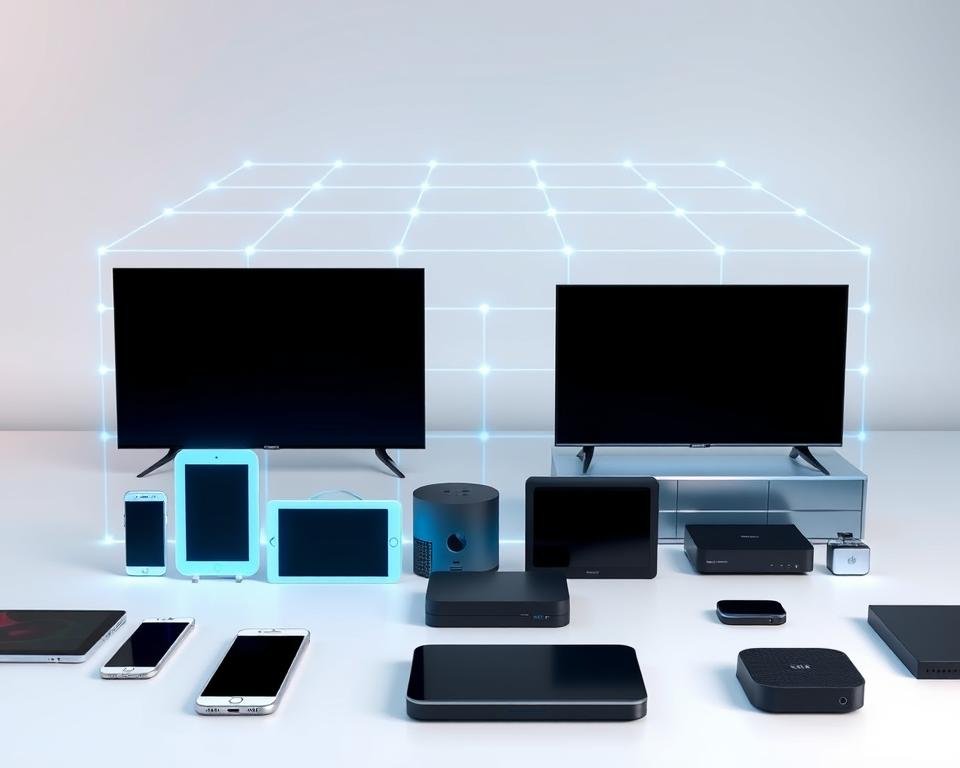 A modern, sleek device compatibility grid showcasing various electronic gadgets seamlessly connected. In the foreground, a minimalist arrangement of smartphones, tablets, smart TVs, and streaming devices in a harmonious layout, each with subtle glowing outlines to highlight their interconnectivity. The middle ground features a transparent, holographic-like grid structure, with crisp lines and nodes pulsing with digital energy, conveying the concept of cross-platform compatibility. The background is a soft, gradient-based environment, evoking a sense of technological sophistication and effortless integration, creating an immersive and visually compelling representation of device compatibility. A modern, sleek device compatibility grid showcasing various electronic gadgets seamlessly connected. In the foreground, a minimalist arrangement of smartphones, tablets, smart TVs, and streaming devices in a harmonious layout, each with subtle glowing outlines to highlight their interconnectivity. The middle ground features a transparent, holographic-like grid structure, with crisp lines and nodes pulsing with digital energy, conveying the concept of cross-platform compatibility. The background is a soft, gradient-based environment, evoking a sense of technological sophistication and effortless integration, creating an immersive and visually compelling representation of device compatibility.