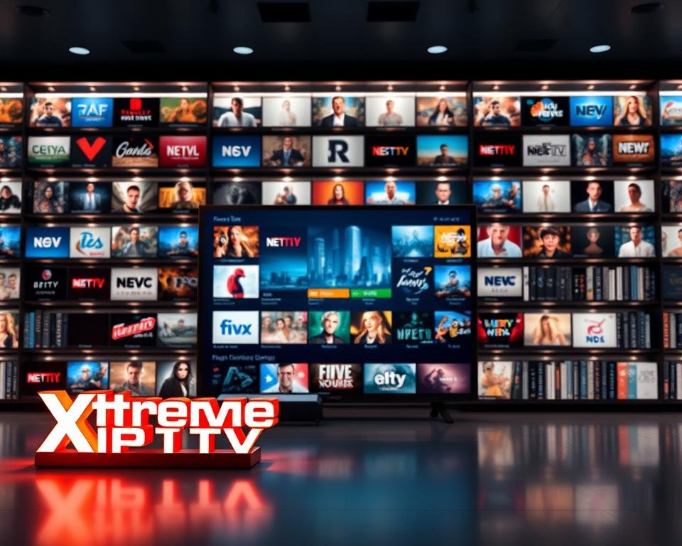 A modern, sleek digital library showcasing the extensive Xtreme HD IPTV content collection. The foreground features a stylized 3D render of the Xtreme HD IPTV logo, backlit with a warm glow and surrounded by a crisp, high-resolution grid of various channel icons and program thumbnails. The midground depicts a cinematic view of the IPTV interface, presenting a visually stunning array of live broadcasts, on-demand titles, and curated content categories. The background is a softly defocused cityscape, hinting at the global reach and boundless entertainment options of the Xtreme HD IPTV service. Captured with a wide-angle lens and dramatic studio lighting, the overall composition conveys a sense of comprehensive, high-quality content and a premium, immersive viewing experience.