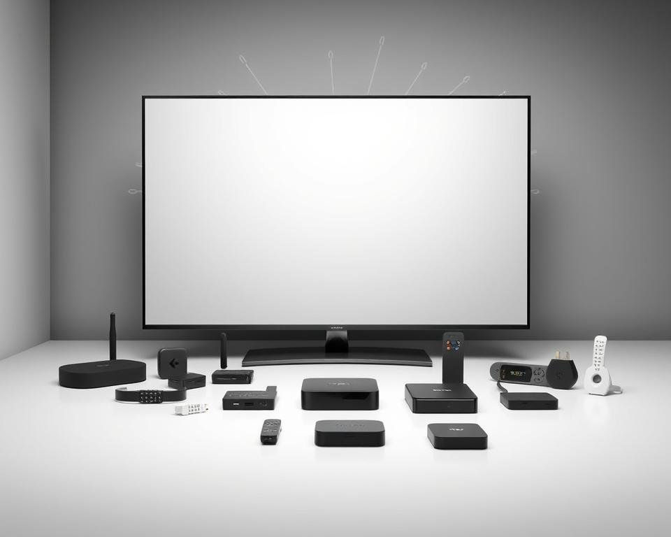 A modern, sleek display showcasing the compatibility of UK IPTV devices. In the foreground, a flat-screen television stands prominently, its pristine screen reflecting the room's soft, diffused lighting. Surrounding the TV, an array of various streaming devices - set-top boxes, dongles, and smart home hubs - are neatly arranged, each representing the wide range of options available for accessing UK IPTV content. The middle ground features a clean, minimalist backdrop, perhaps a subtle gradient or a muted, monochromatic wall, allowing the devices to take center stage. In the background, a sense of digital connectivity radiates, with subtle lines or geometric patterns hinting at the seamless integration of these IPTV solutions across multiple screens and platforms. A modern, sleek display showcasing the compatibility of UK IPTV devices. In the foreground, a flat-screen television stands prominently, its pristine screen reflecting the room's soft, diffused lighting. Surrounding the TV, an array of various streaming devices - set-top boxes, dongles, and smart home hubs - are neatly arranged, each representing the wide range of options available for accessing UK IPTV content. The middle ground features a clean, minimalist backdrop, perhaps a subtle gradient or a muted, monochromatic wall, allowing the devices to take center stage. In the background, a sense of digital connectivity radiates, with subtle lines or geometric patterns hinting at the seamless integration of these IPTV solutions across multiple screens and platforms.