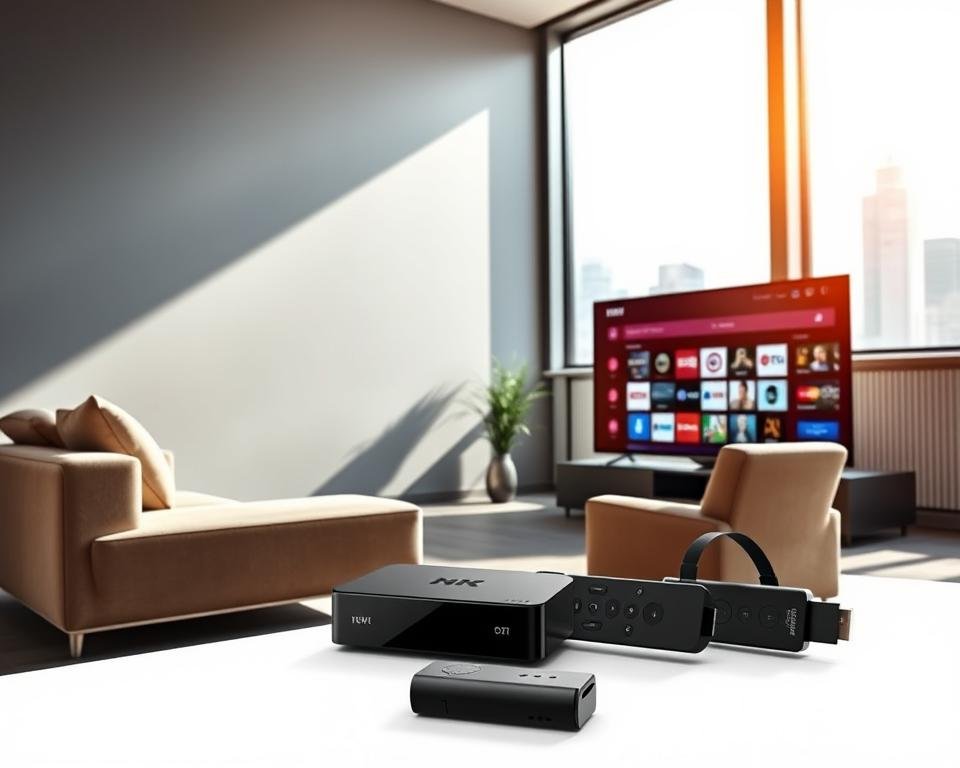 A modern, sleek living room with a large television screen prominently displayed. The room is brightly lit by natural light streaming through large windows, creating a warm and inviting atmosphere. In the foreground, a cozy sofa and armchair are arranged facing the television, suggesting a comfortable viewing experience. The middle ground features various streaming devices, such as a smart TV, set-top box, or streaming stick, showcasing the latest technology for accessing UK TV channels. The background includes subtle hints of a contemporary urban setting, perhaps a city skyline visible through the windows, reinforcing the idea of a versatile, on-the-go streaming solution.