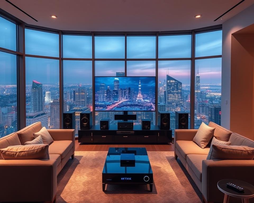 A modern, sleek living room with floor-to-ceiling windows overlooking a vibrant city skyline. Soft, diffused lighting creates a warm, inviting atmosphere. In the center, a high-end entertainment system with a large 4K television, cutting-edge streaming devices, and a state-of-the-art sound system. The room is furnished with plush, contemporary sofas and armchairs, creating a cozy space for immersive streaming experiences. Subtle hints of technology, such as glowing indicator lights and touchscreen controls, convey the advanced capabilities of the setup. The overall scene embodies the concept of "streaming access" - a seamless, high-quality, and technologically-advanced way to unlock endless entertainment.