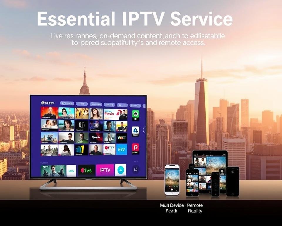 A modern, visually striking illustration of essential IPTV service features. In the foreground, a sleek smart TV displaying a diverse range of live channels, on-demand content, and customizable user interface. In the middle ground, various mobile devices showcasing seamless multi-device compatibility and remote access capabilities. The background features a cityscape skyline, symbolizing the global reach and accessibility of the IPTV service. The scene is illuminated by warm, natural lighting, conveying a sense of reliability and professionalism. The overall composition emphasizes the comprehensive, user-friendly nature of a high-quality IPTV solution. A modern, visually striking illustration of essential IPTV service features. In the foreground, a sleek smart TV displaying a diverse range of live channels, on-demand content, and customizable user interface. In the middle ground, various mobile devices showcasing seamless multi-device compatibility and remote access capabilities. The background features a cityscape skyline, symbolizing the global reach and accessibility of the IPTV service. The scene is illuminated by warm, natural lighting, conveying a sense of reliability and professionalism. The overall composition emphasizes the comprehensive, user-friendly nature of a high-quality IPTV solution.