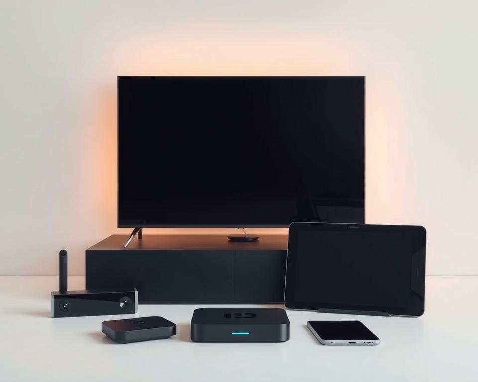 A neatly arranged display of various IPTV compatible devices, including a smart TV, streaming box, tablet, and mobile phone, all showcased in a clean, minimalist setting. The devices are lit by soft, warm lighting, highlighting their sleek designs and modern aesthetics. The background is a plain, neutral color, allowing the products to take center stage. The overall composition conveys a sense of simplicity, functionality, and technological sophistication, reflecting the versatility and accessibility of IPTV solutions. A neatly arranged display of various IPTV compatible devices, including a smart TV, streaming box, tablet, and mobile phone, all showcased in a clean, minimalist setting. The devices are lit by soft, warm lighting, highlighting their sleek designs and modern aesthetics. The background is a plain, neutral color, allowing the products to take center stage. The overall composition conveys a sense of simplicity, functionality, and technological sophistication, reflecting the versatility and accessibility of IPTV solutions.