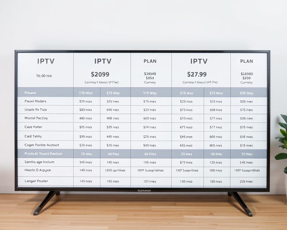 A neatly organized table displaying various IPTV subscription plans, with clear and concise pricing information. The plans are presented in a clean, minimalist design against a soft, neutral background, allowing the details to stand out. The lighting is soft and evenly distributed, creating a professional and inviting atmosphere. The camera angle is slightly elevated, giving a clear overview of the subscription options. The overall composition is balanced and visually appealing, conveying the accessibility and value of the IPTV service. A neatly organized table displaying various IPTV subscription plans, with clear and concise pricing information. The plans are presented in a clean, minimalist design against a soft, neutral background, allowing the details to stand out. The lighting is soft and evenly distributed, creating a professional and inviting atmosphere. The camera angle is slightly elevated, giving a clear overview of the subscription options. The overall composition is balanced and visually appealing, conveying the accessibility and value of the IPTV service.