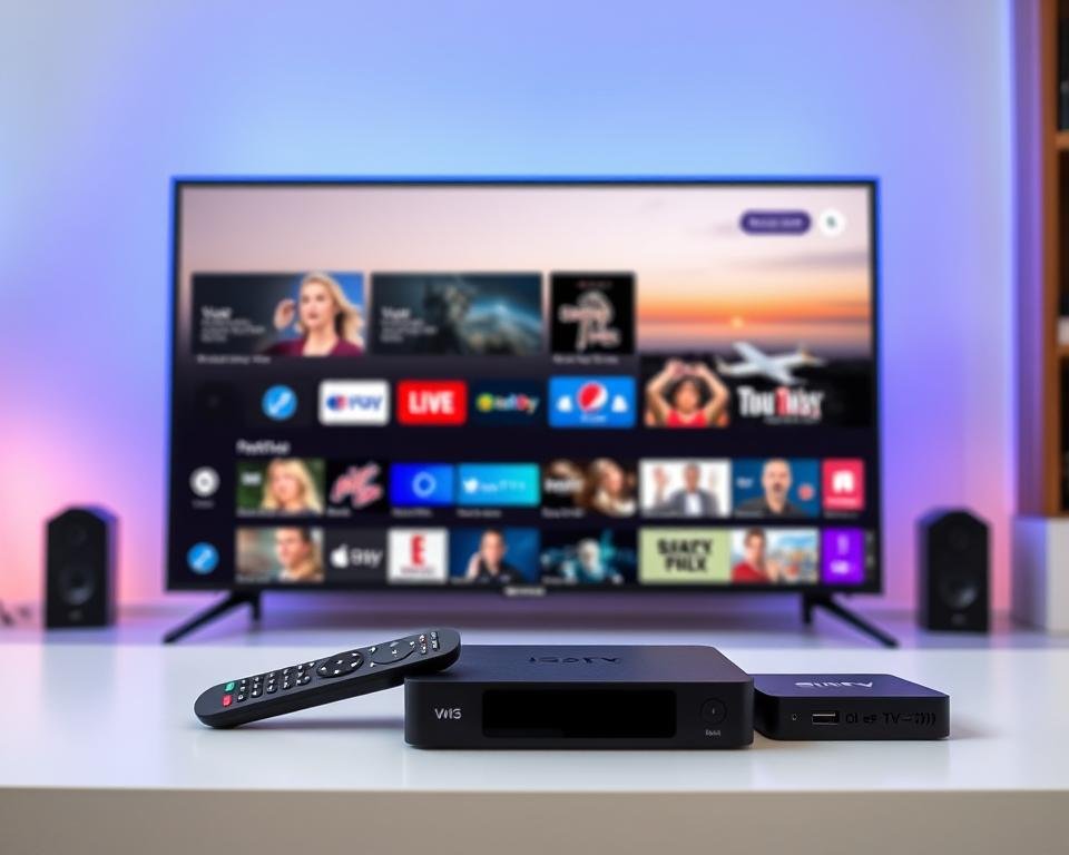 A premium IPTV service in the UK, showcasing a sleek and intuitive user interface. The foreground features a high-definition display with a variety of live TV channels and on-demand content, presented in a clean, modern layout. The middle ground depicts remote controls and compatible devices, such as smart TVs and streaming boxes, seamlessly integrated into the setup. The background subtly suggests the technological infrastructure behind the service, with subtle nods to cloud storage, secure server connections, and a vast content library. The overall atmosphere is one of convenience, reliability, and a premium entertainment experience tailored for the discerning UK viewer. A premium IPTV service in the UK, showcasing a sleek and intuitive user interface. The foreground features a high-definition display with a variety of live TV channels and on-demand content, presented in a clean, modern layout. The middle ground depicts remote controls and compatible devices, such as smart TVs and streaming boxes, seamlessly integrated into the setup. The background subtly suggests the technological infrastructure behind the service, with subtle nods to cloud storage, secure server connections, and a vast content library. The overall atmosphere is one of convenience, reliability, and a premium entertainment experience tailored for the discerning UK viewer.