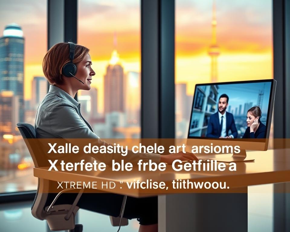 A professional support agent seated at a sleek, modern desk, a headset on and a serene, focused expression as they assist a customer on a high-resolution computer monitor. The background features a vibrant, colorful city skyline visible through floor-to-ceiling windows, bathed in warm, soft lighting. The scene conveys a sense of efficiency, attentiveness, and a commitment to delivering exceptional customer service for the Xtreme HD IPTV platform. A professional support agent seated at a sleek, modern desk, a headset on and a serene, focused expression as they assist a customer on a high-resolution computer monitor. The background features a vibrant, colorful city skyline visible through floor-to-ceiling windows, bathed in warm, soft lighting. The scene conveys a sense of efficiency, attentiveness, and a commitment to delivering exceptional customer service for the Xtreme HD IPTV platform.