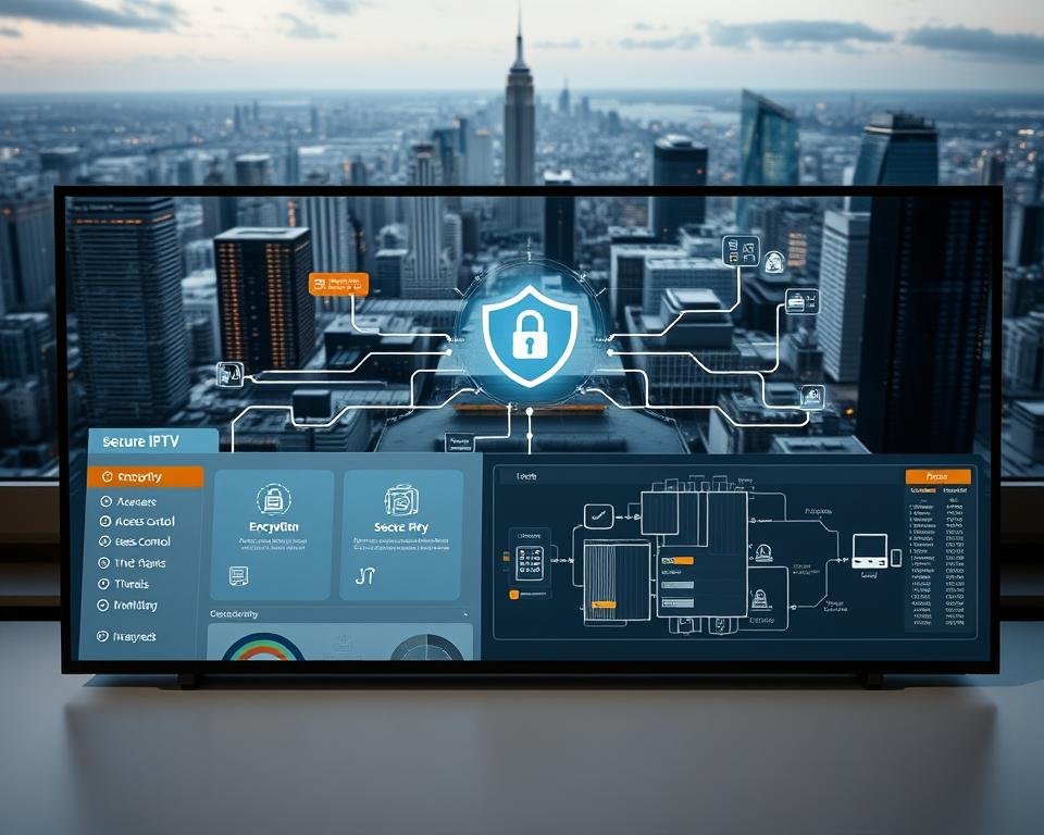 A secure IPTV service is represented by a sleek, modern dashboard interface showcasing various security features. The foreground displays an intuitive control panel with options for encryption, access control, and threat monitoring. The middle ground depicts a secure network infrastructure, with servers, firewalls, and encrypted data flows. The background features a cityscape, symbolizing the widespread connectivity and accessibility of the IPTV service, all protected by a robust security system. The lighting is soft and muted, conveying a sense of reliability and trustworthiness. The overall atmosphere is one of technical sophistication and unwavering data protection. A secure IPTV service is represented by a sleek, modern dashboard interface showcasing various security features. The foreground displays an intuitive control panel with options for encryption, access control, and threat monitoring. The middle ground depicts a secure network infrastructure, with servers, firewalls, and encrypted data flows. The background features a cityscape, symbolizing the widespread connectivity and accessibility of the IPTV service, all protected by a robust security system. The lighting is soft and muted, conveying a sense of reliability and trustworthiness. The overall atmosphere is one of technical sophistication and unwavering data protection.